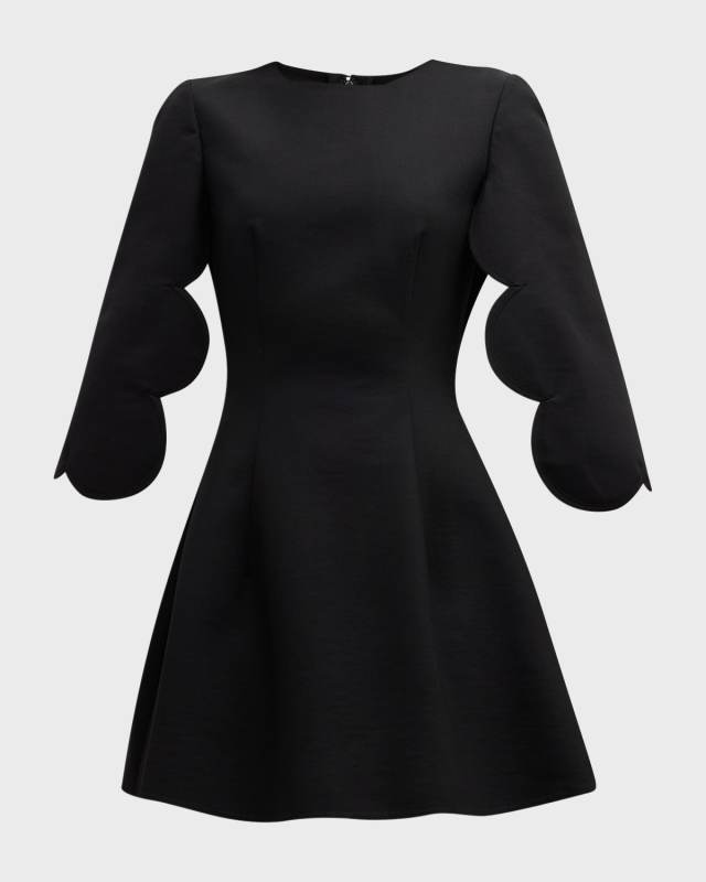 Scalloped Slit-Sleeve Jewel-Neck Stretch Wool Mini Dress