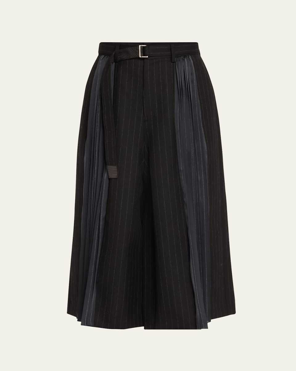 Belted Chalk Stripe Pleated Wool Midi Skirt