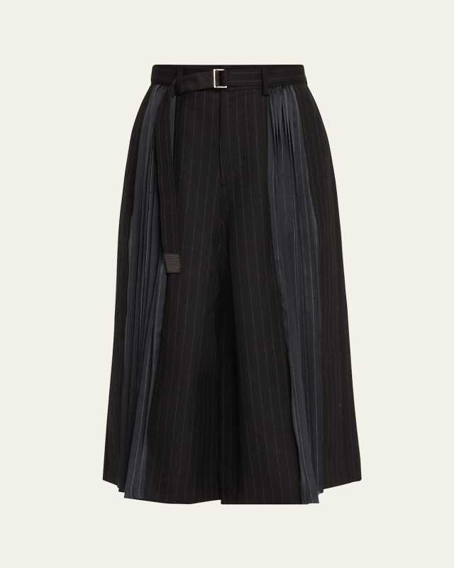 Belted Chalk Stripe Pleated Wool Midi Skirt