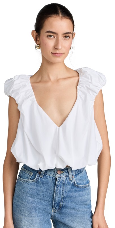 CAROLINE CONSTAS Aerin V Neck Bubble Top White