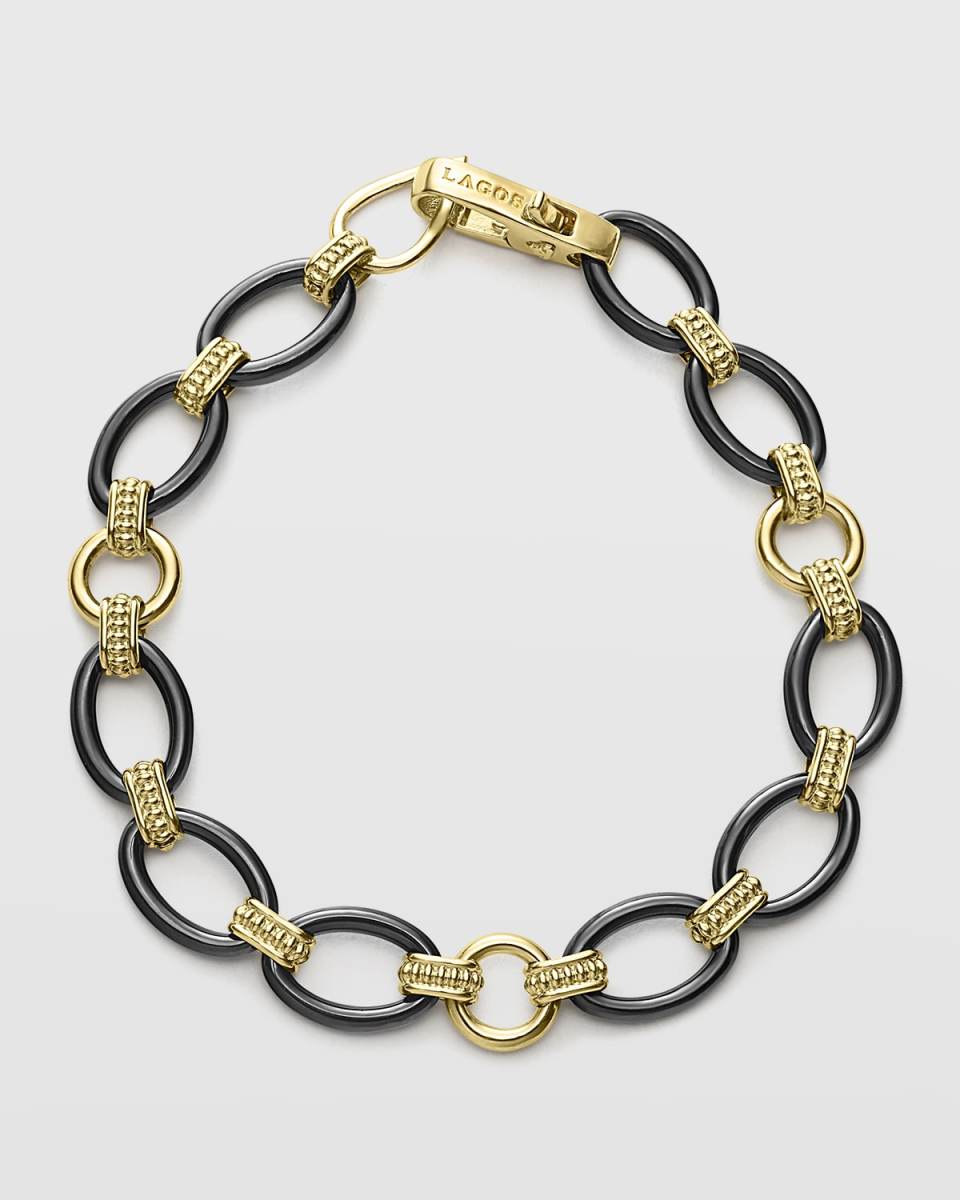 Black Caviar Yellow Gold & Ceramic Oval-Link Bracelet, Size 7"