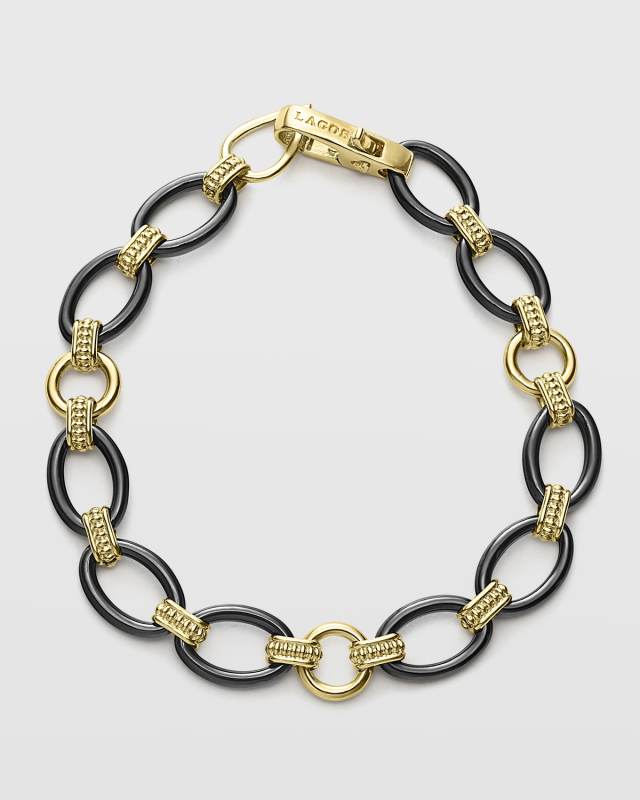 Black Caviar Yellow Gold & Ceramic Oval-Link Bracelet, Size 7"