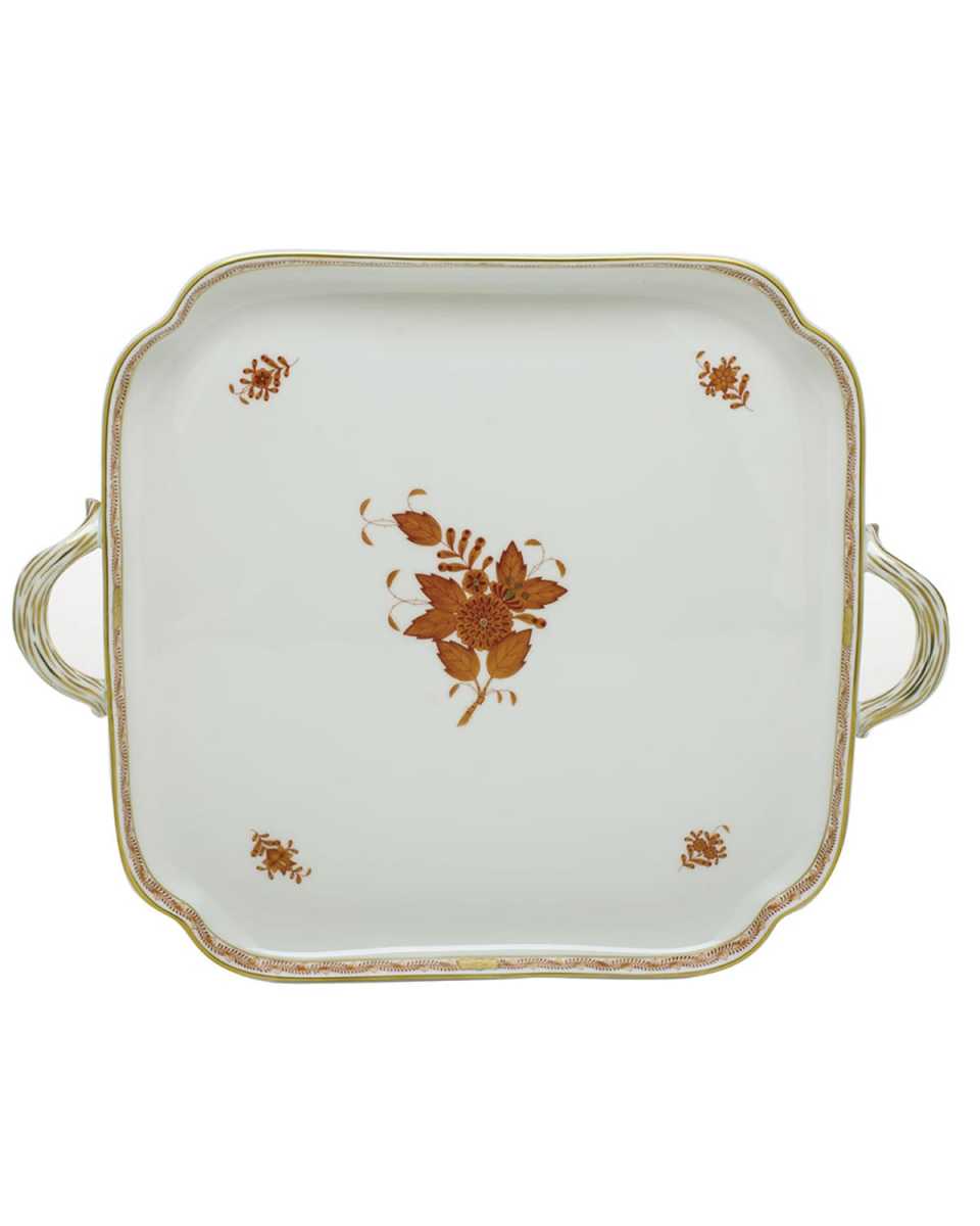 Chinese Bouquet Rust Square Tray with Handles
