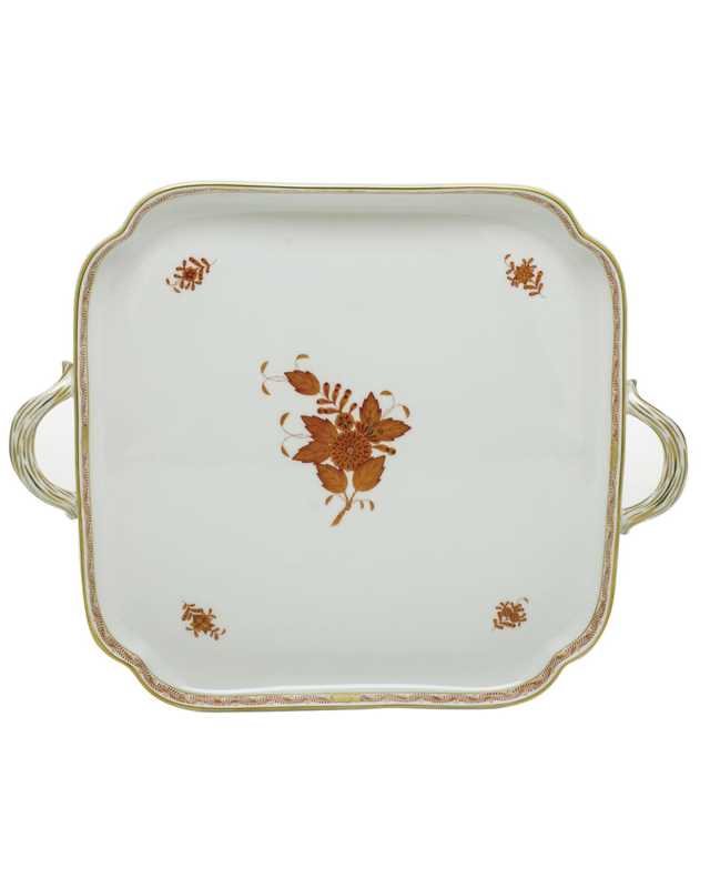 Chinese Bouquet Rust Square Tray with Handles