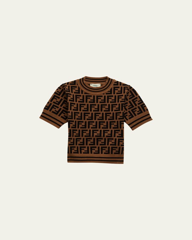 Girl's Monogram-Print Short Sleeve Sweater, Size 3-
