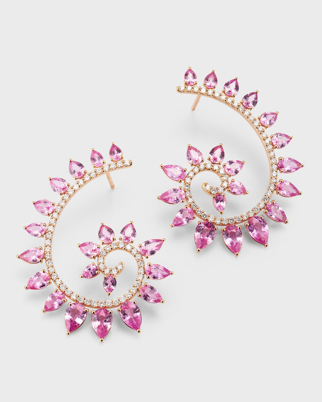 18k Yellow Gold Pink Sapphire and Diamond Spiral Earrings