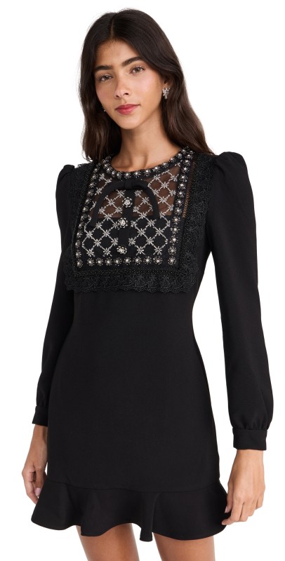 Self Portrait Black Crepe Embellished Dress Black