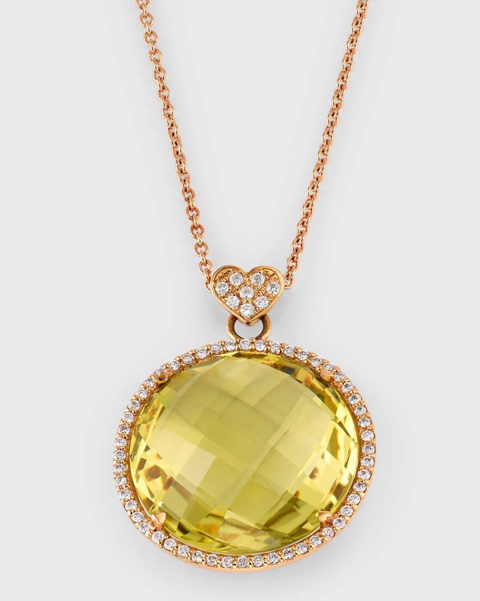 Rocks 18K Rose Gold Lemon Quartz Diamond Halo and Heart Bail Pendant Necklace