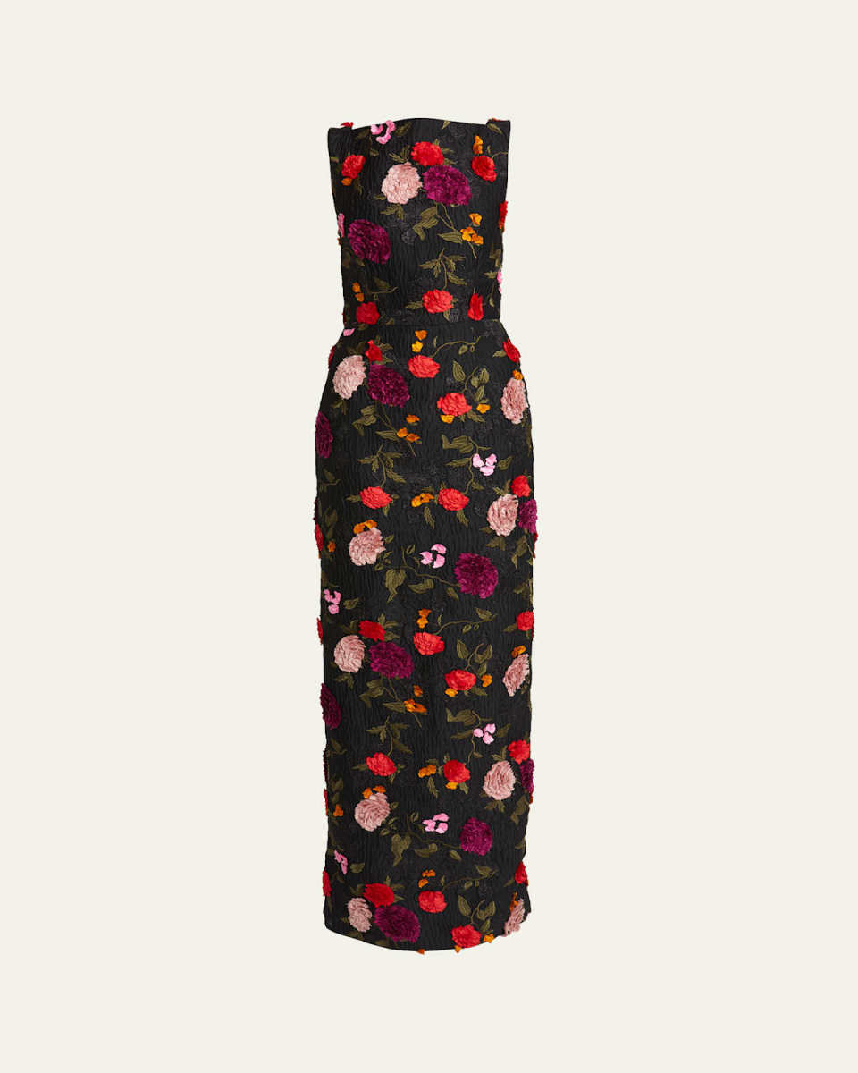 Floral Embroidered Long Sleeveless Column Gown