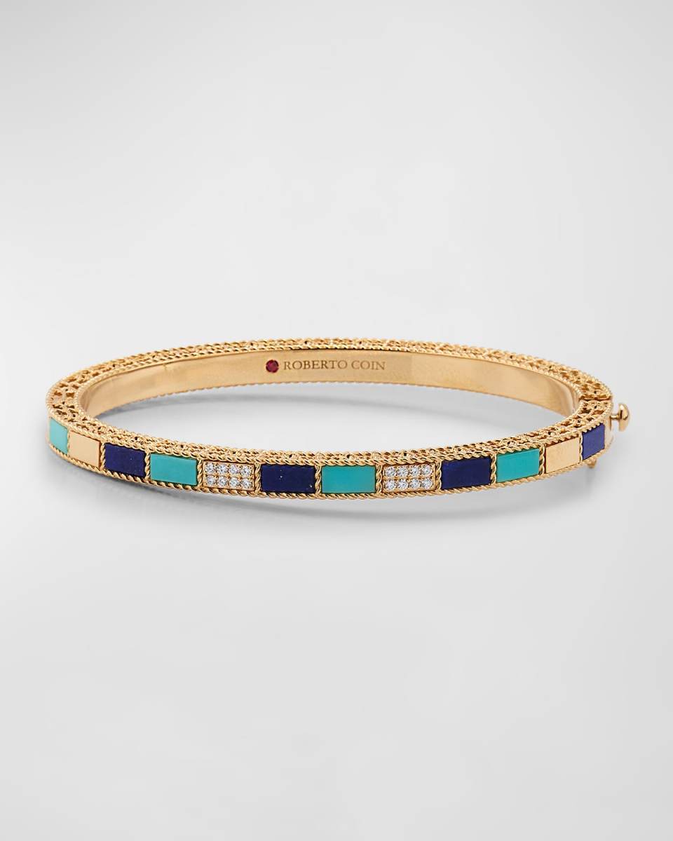 18K Rose Gold Lapis and Turquoise Mosaic Bangle with Diamonds