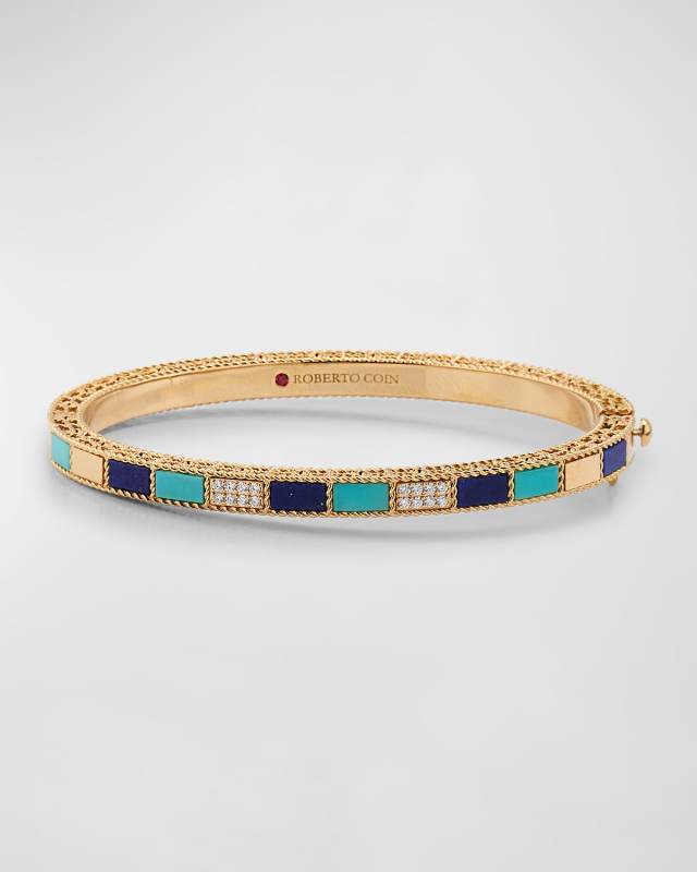 18K Rose Gold Lapis and Turquoise Mosaic Bangle with Diamonds