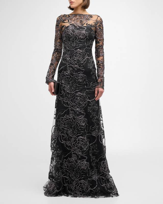 Metallic Raffia Floral Embroidered Gown