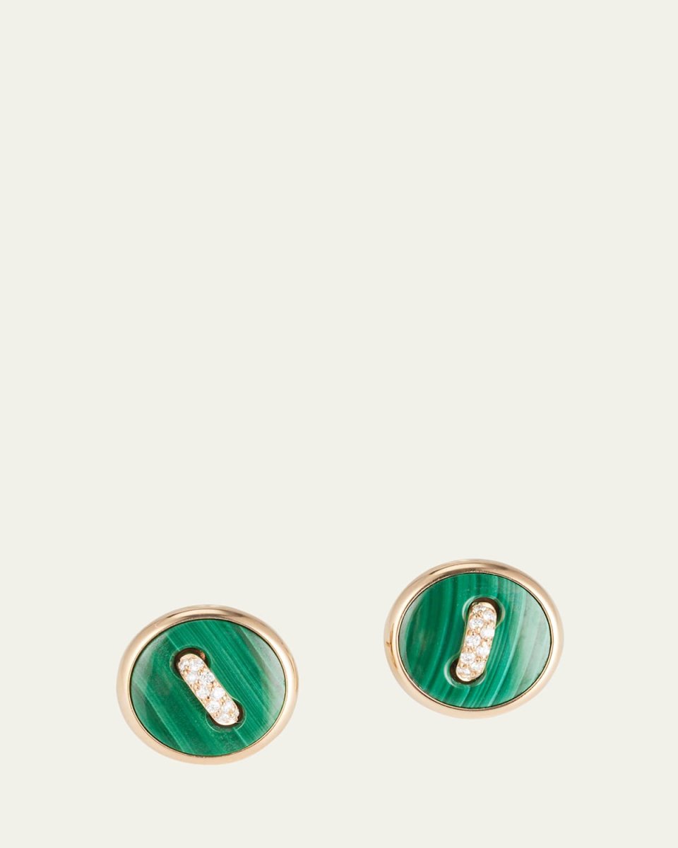 18K Rose Gold Pom Pom Dot Malachite and Diamond Stud Earrings