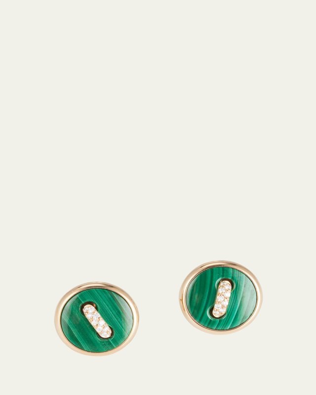 18K Rose Gold Pom Pom Dot Malachite and Diamond Stud Earrings