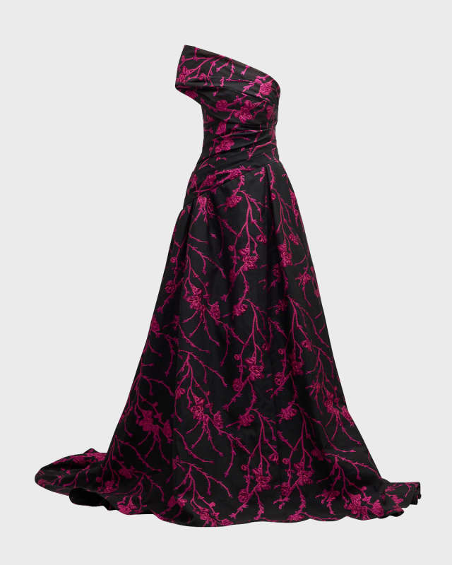 Floral Fil Coupe Draped One-Shoulder Slit Gown