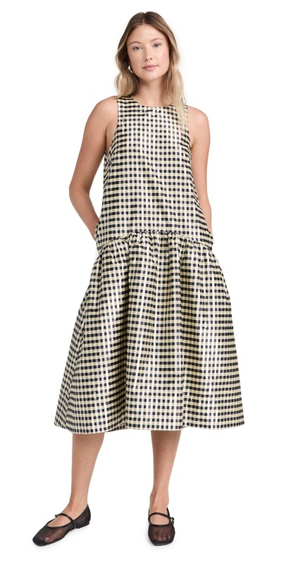 GANNI Shiny Check Jacquard Midi Dress Lemon Icing
