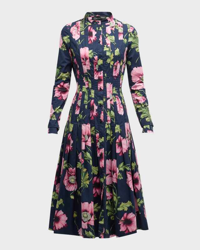 Poppies-Print Long-Sleeve Pleated Poplin Midi Shirtdress