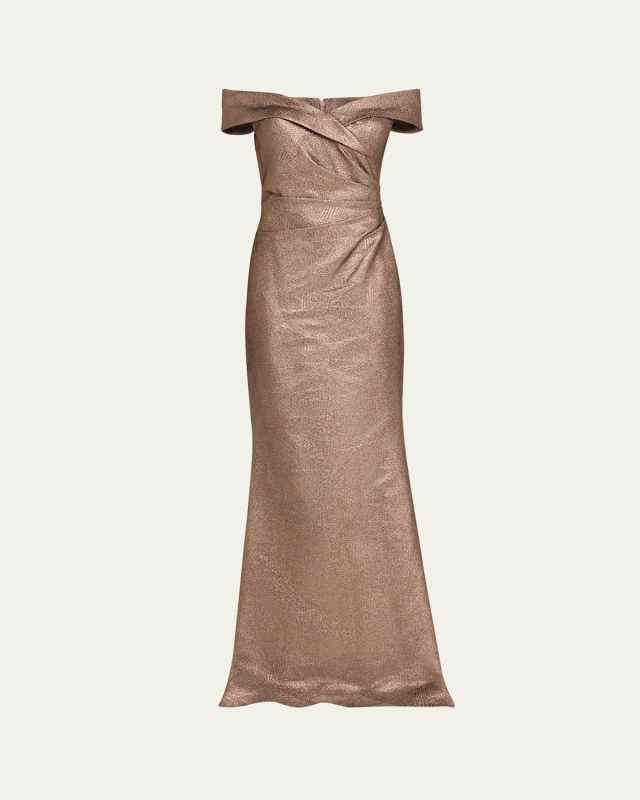 Off-Shoulder Metallic Jacquard Trumpet Gown