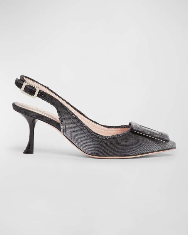 Fringed Denim Buckle Slingback Pumps