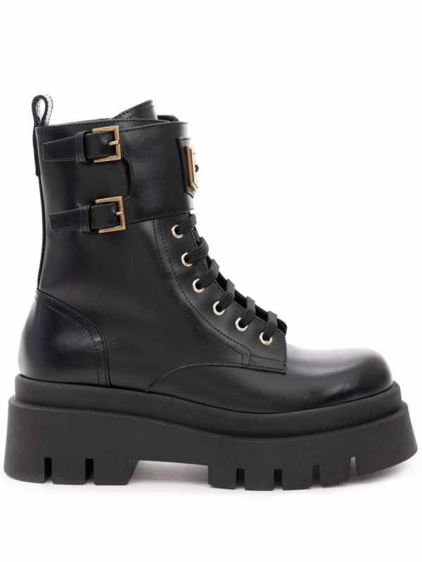 logo-plaque leather combat boots