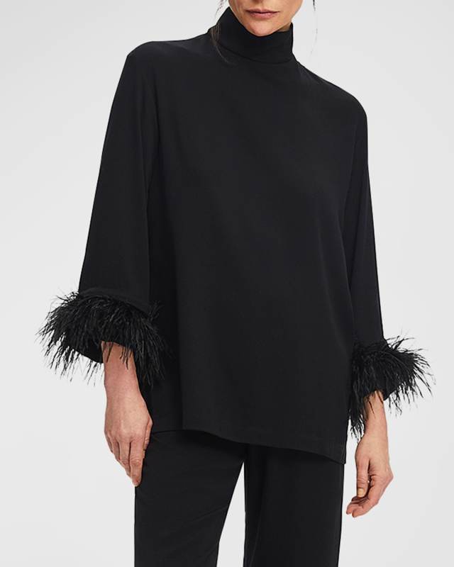 Black Tie Cropped Feather-Trim Pajama Set