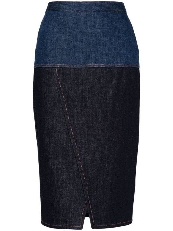 two-tone denim midi skirt