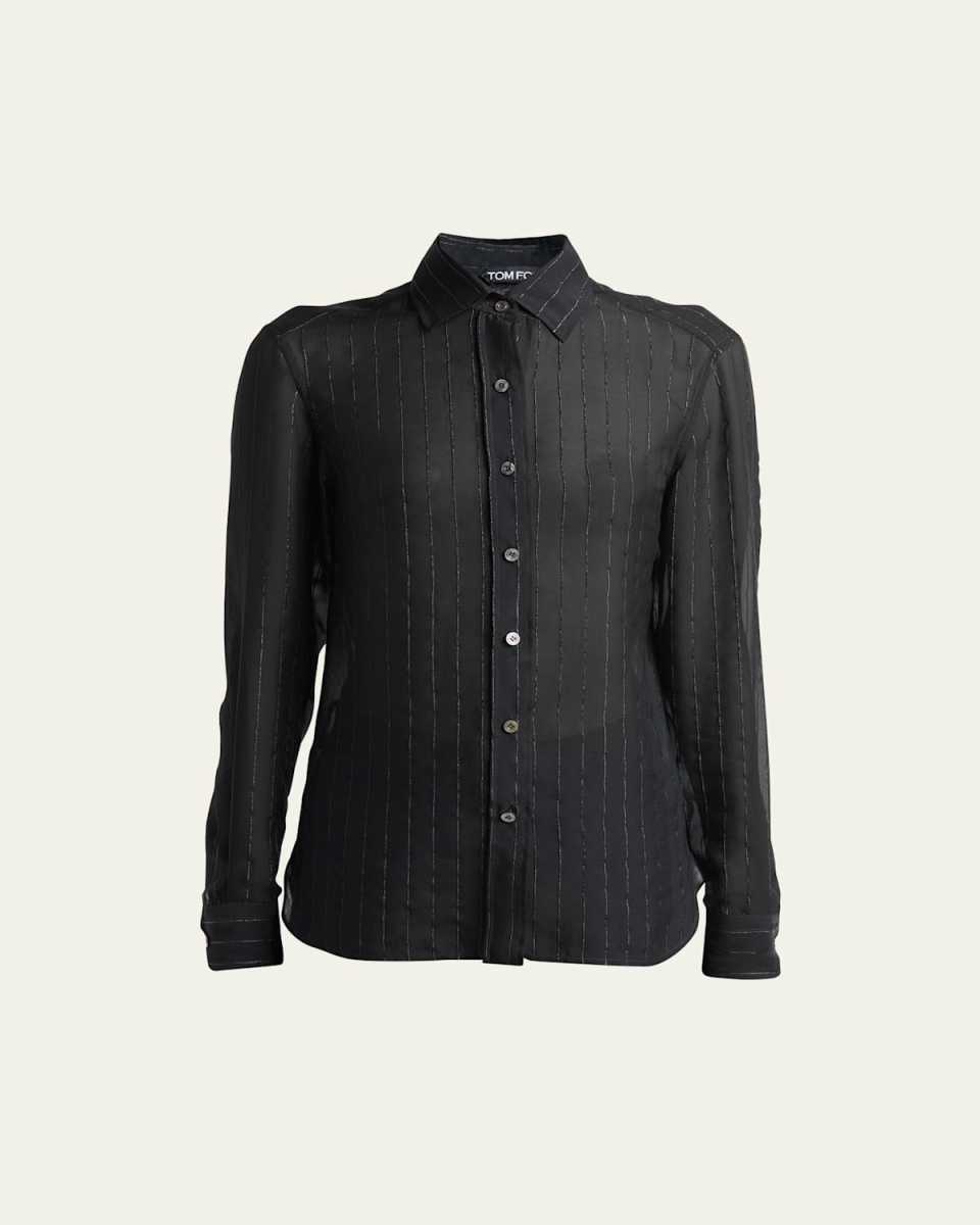 Metallic Pinstripe Sheer Button Up Blouse