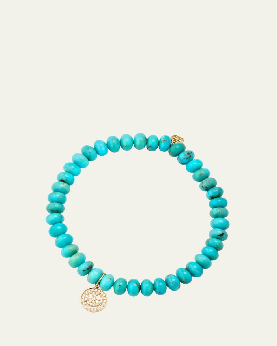 14K Gold Pavé Happy Face Charm on Turquoise Bead Bracelet