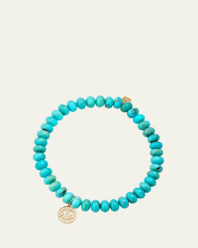 14K Gold Pavé Happy Face Charm on Turquoise Bead Bracelet