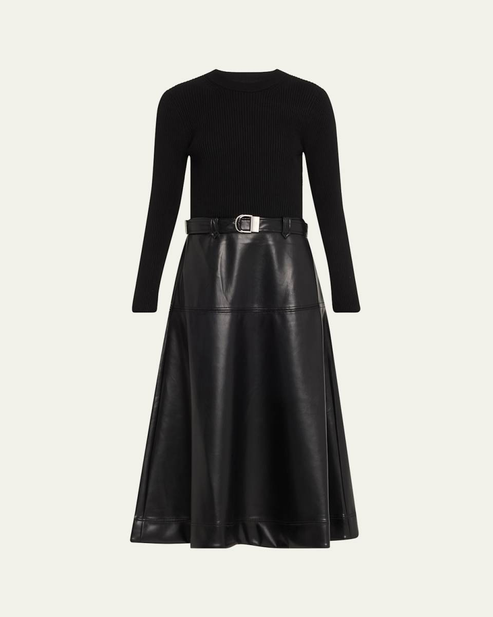 Ulyssia Belted Knit and Faux-Leather Combo Midi Dress