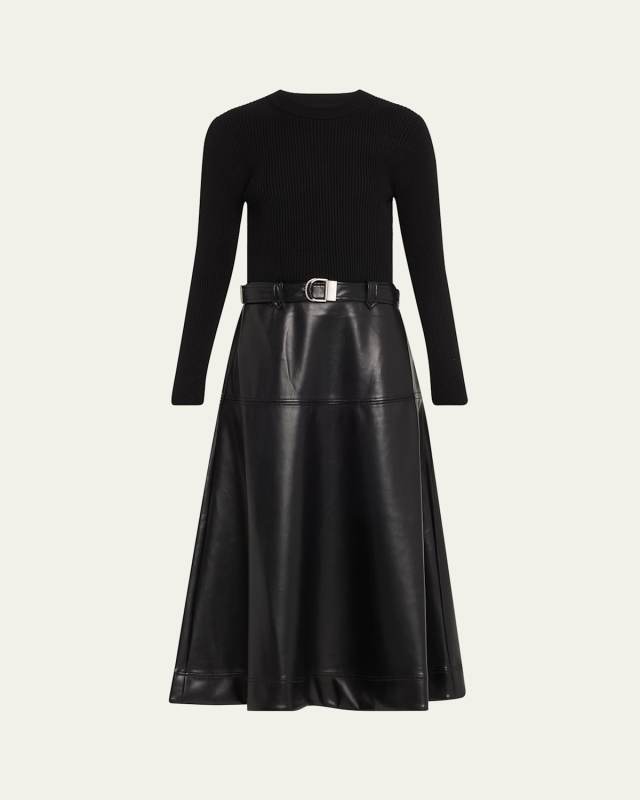 Ulyssia Belted Knit and Faux-Leather Combo Midi Dress