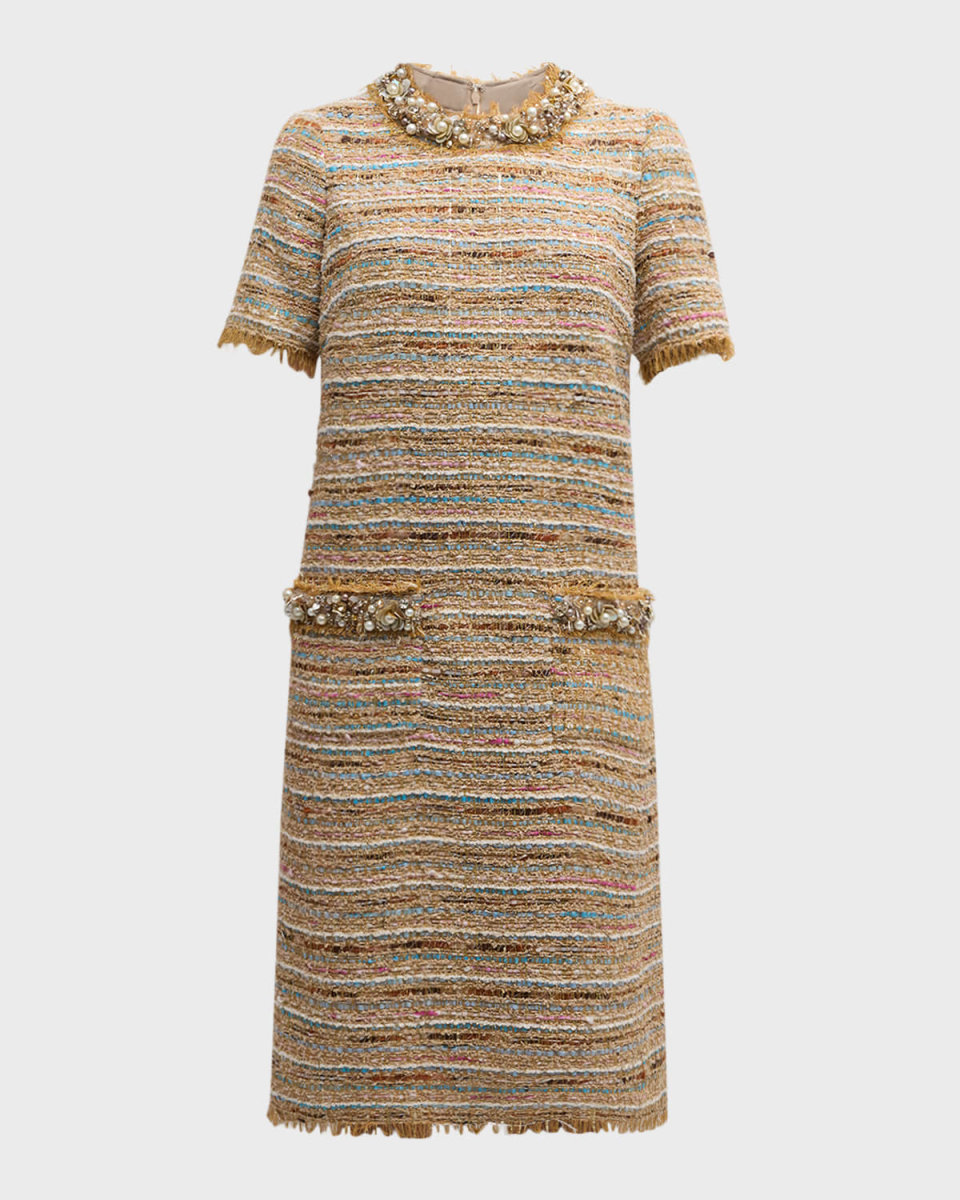 Beaded Fringe-Trim Tweed Midi Dress