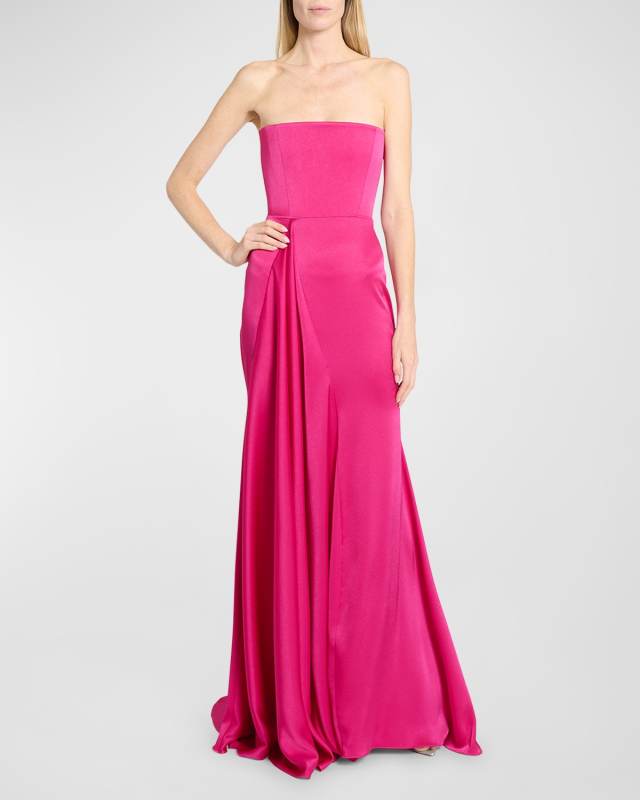 Satin Crepe Strapless Gathered Drape Gown