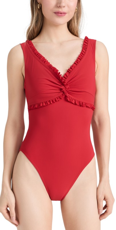 Karla Colletto Ruffle Twist Tank One Piece Cherry