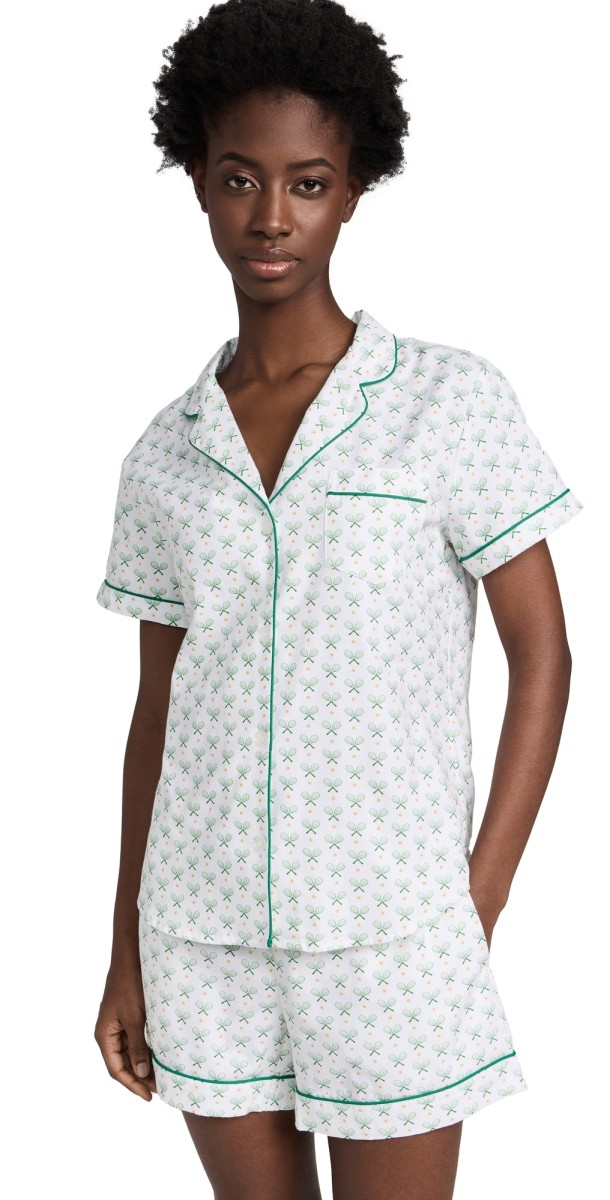 Petite Plumeatch Point Short Sleeve Short Set White/ Green