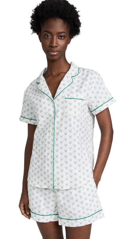 Petite Plumeatch Point Short Sleeve Short Set White/ Green