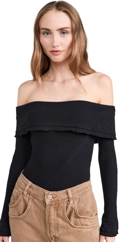 Free People Autumn Cozy Thong Bodysuit Black