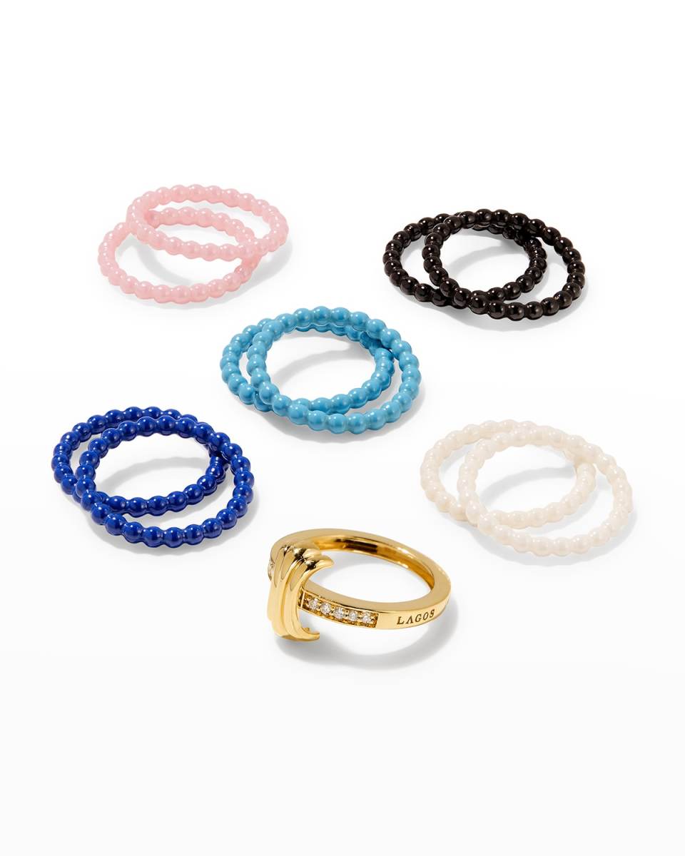 Color Switch 18k Gold and Diamond Fluted Center Ceramic Ring Set