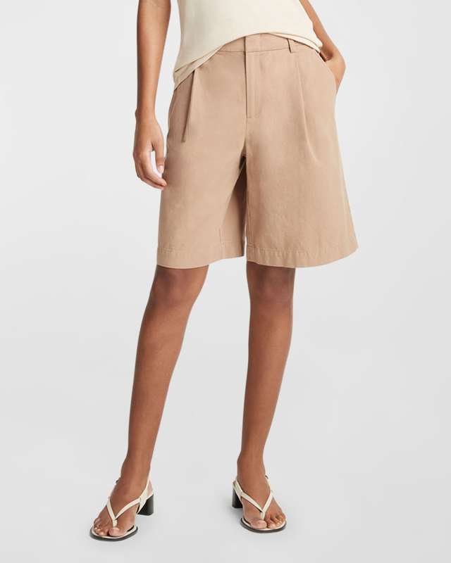 Washed Cotton Pleated Wide-Leg Shorts