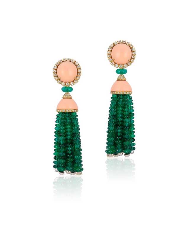 18K Yellow Gold Coral and Emerald Tassel Earrings