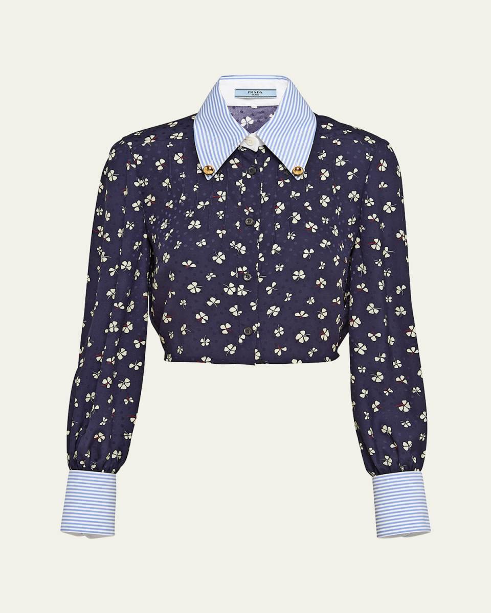 Mixed-Print Crop Button Down Silk Shirt
