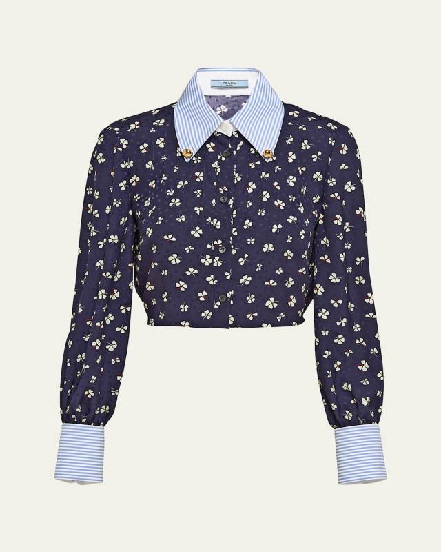 Mixed-Print Crop Button Down Silk Shirt
