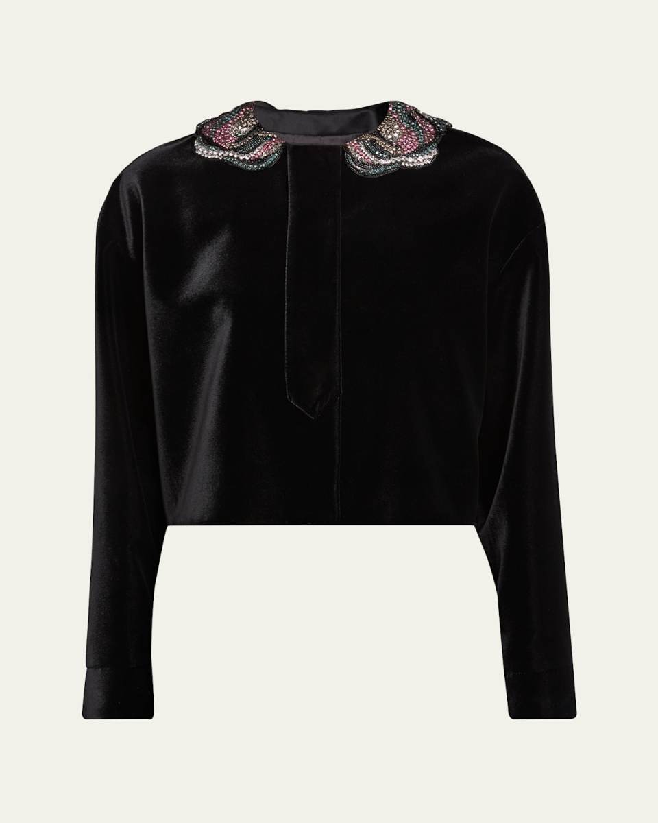 Velvet Short Jacket with Embellished Collar