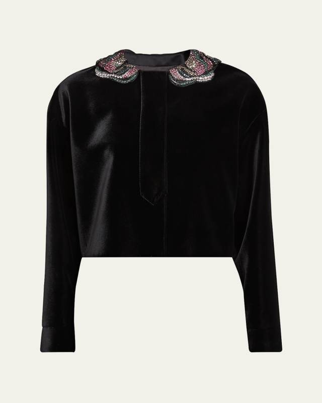 Velvet Short Jacket with Embellished Collar