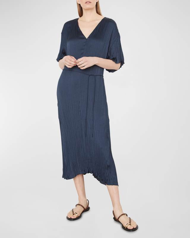 Crushed Plissé V-Neck Midi Dress