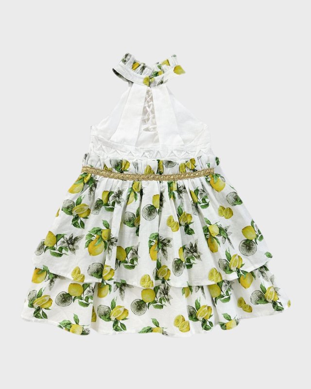 Girl's Amalfi Lemon Printed Smocked Linen Dress, Size 12M-