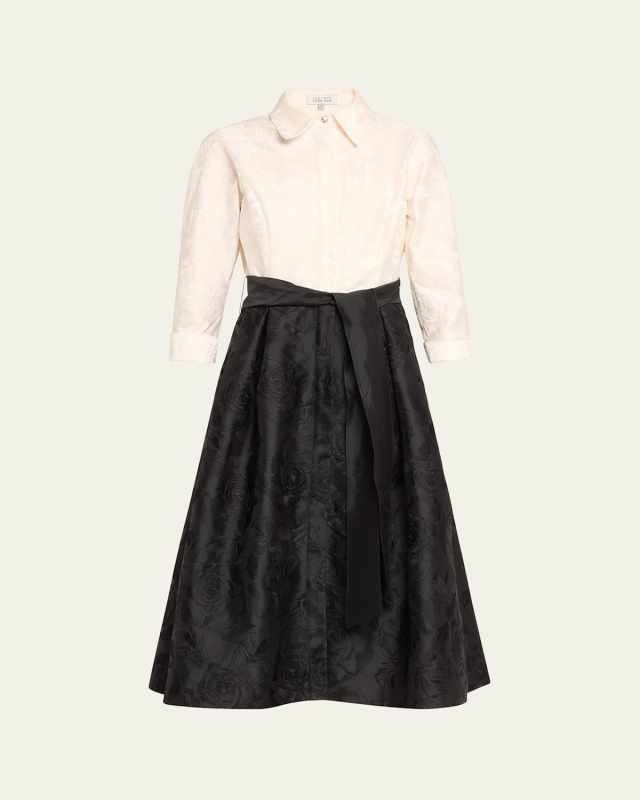 Floral-Embroidered Taffeta Midi Shirtdress