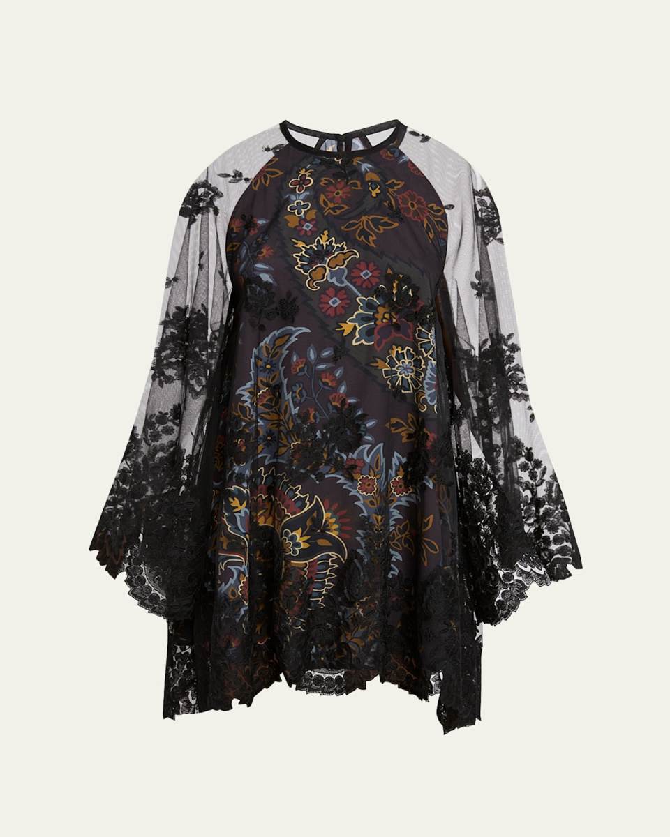 Printed Floral Embroidered Kimono Sleeve Mini Dress