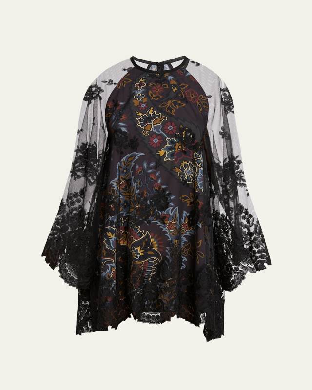 Printed Floral Embroidered Kimono Sleeve Mini Dress