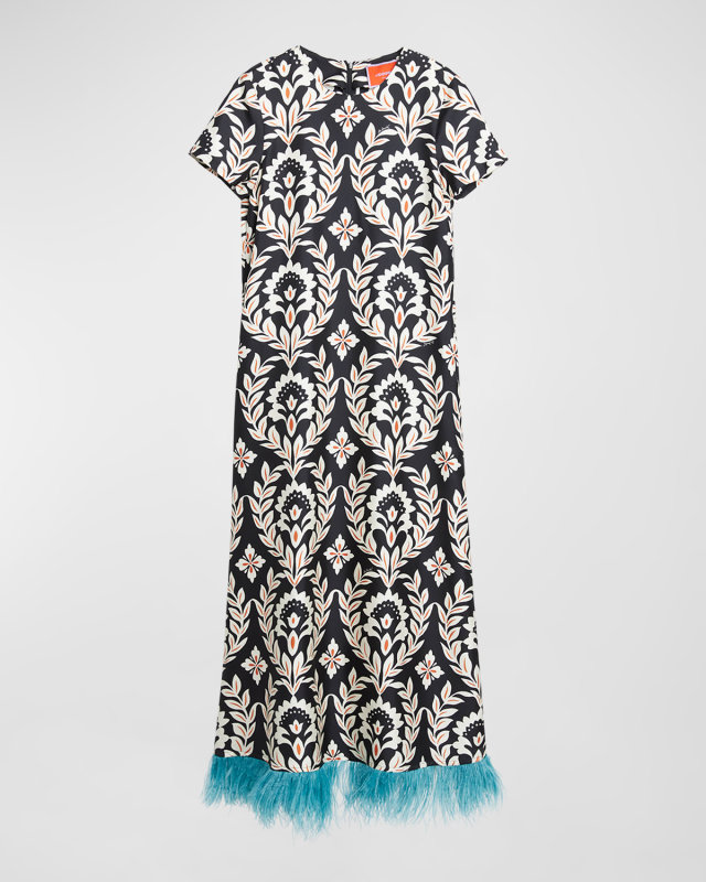Short-Sleeve Swing Dress with Feathers